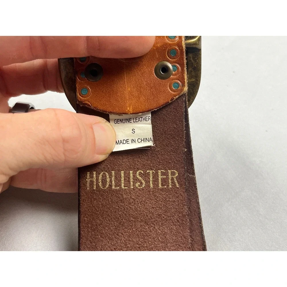 Hollister Tan Genuine Leather Grommet Belt Turquoise Dots Brass Buckle Small
